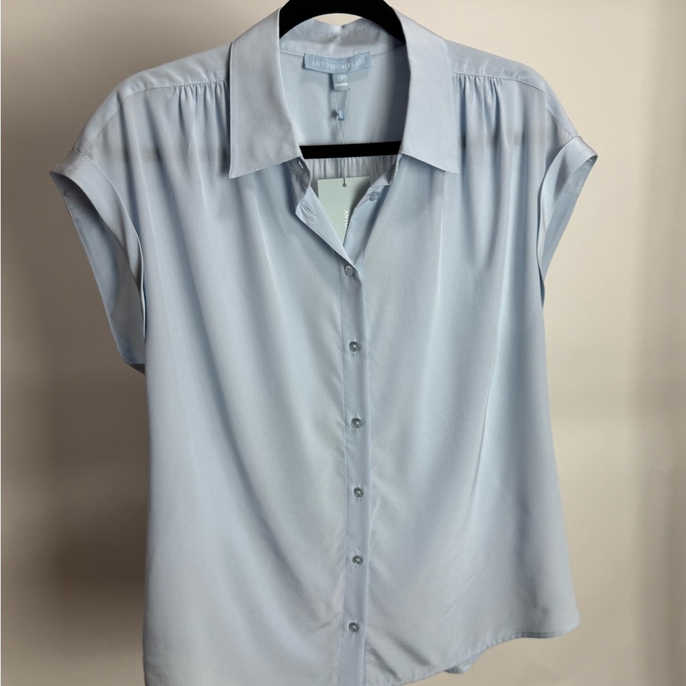 ANTONIO MELANI Lt. Blue Button Down Cap Sleeve Blouse